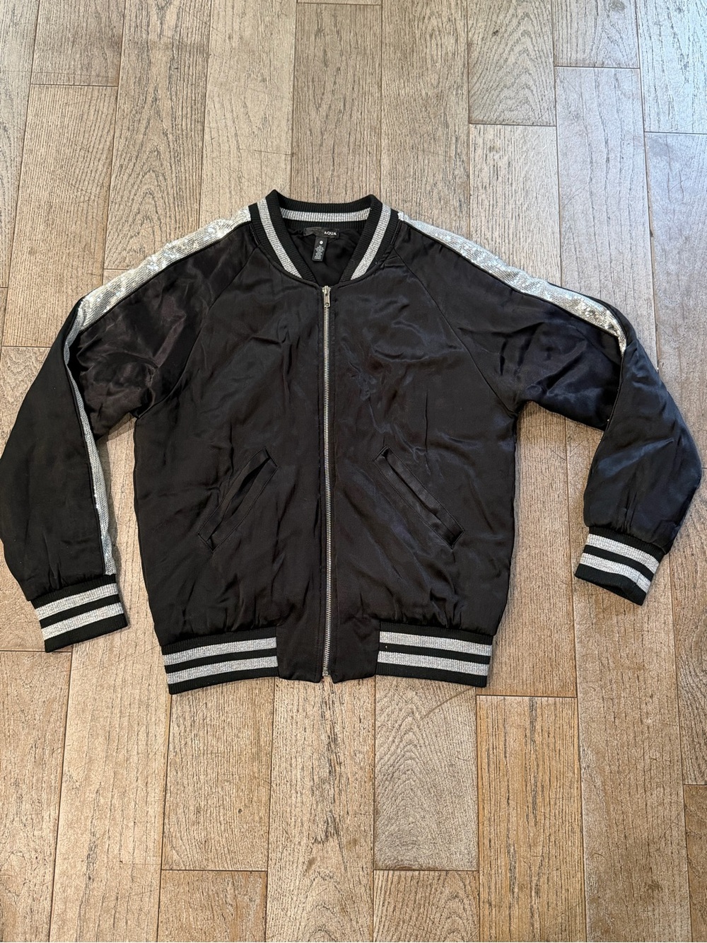AQUA Black Satin Zip Jacket Metallic Silver Sequins Bomber Disco Rave Retro M